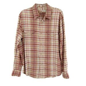 Buckle BKE 67 Red Tan Plaid Pearl Snap Shirt Mens M Long Sleeve Western Y2K
